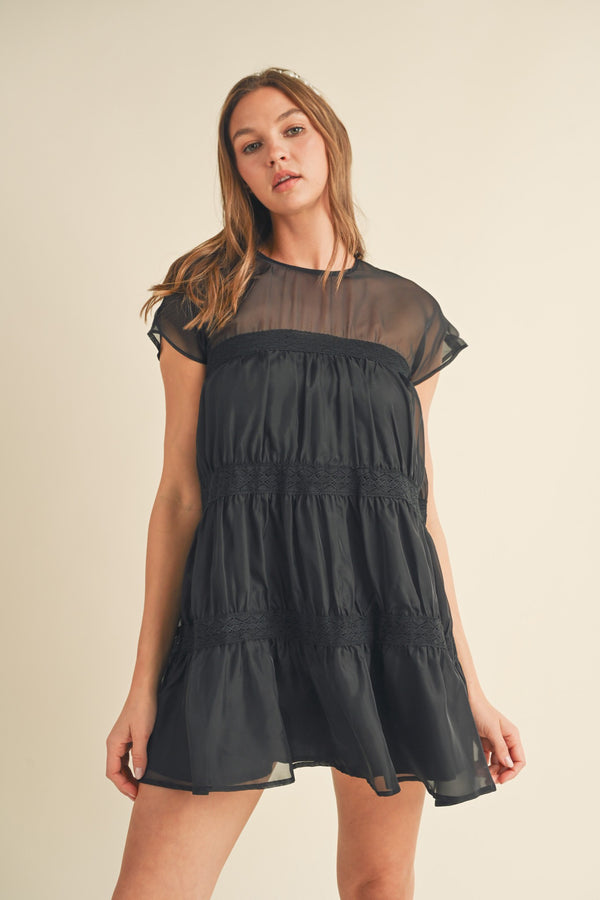 Tiered Crochet Mini Dress Black