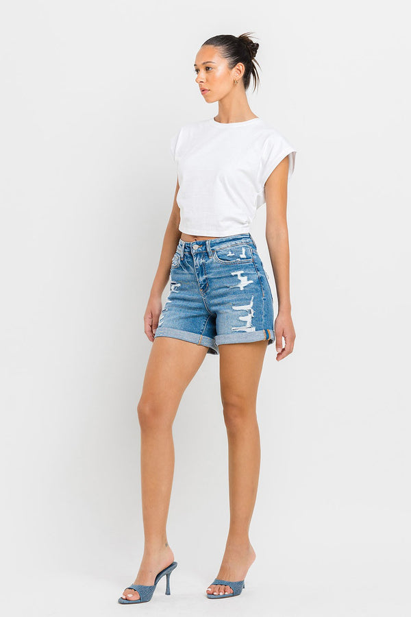 High Rise Rolled Cuff Shorts Denim