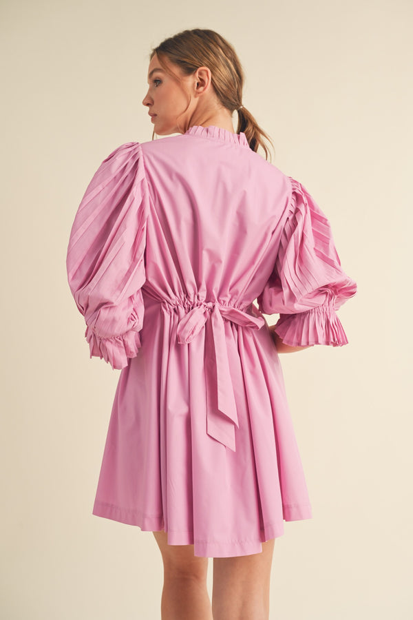 Pleated Sleeves Button Down Mini Dress Orchid