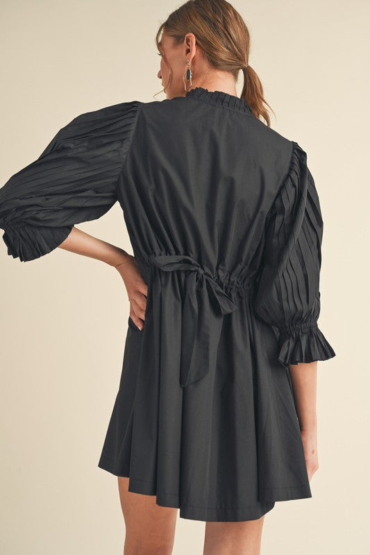 Pleated Sleeves Button Down Mini Dress Black