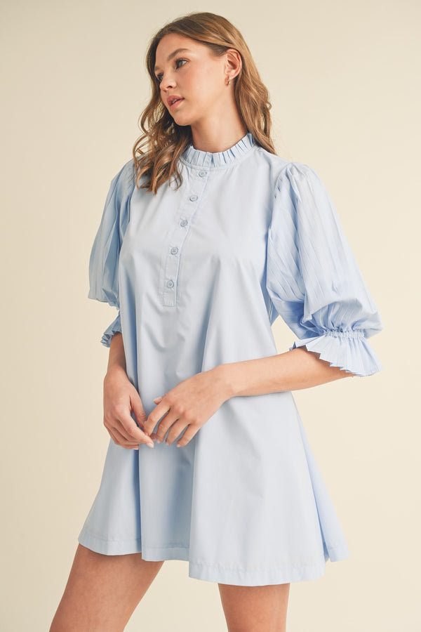 Pleated Sleeves Button Down Mini Dress Light Blue