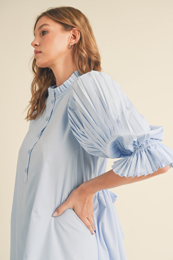 Pleated Sleeves Button Down Mini Dress Light Blue