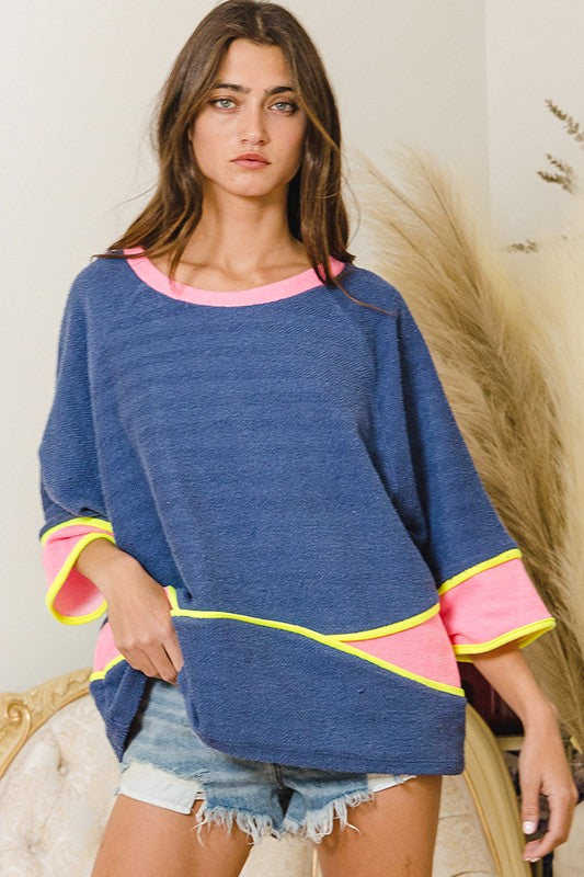 French Terry Color Block Boxy Top Denim