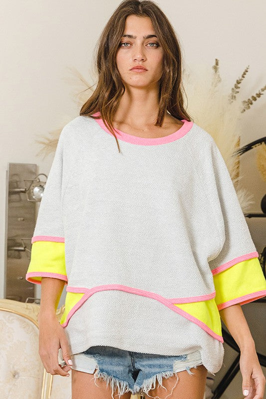 French Terry Color Block Boxy Top Grey