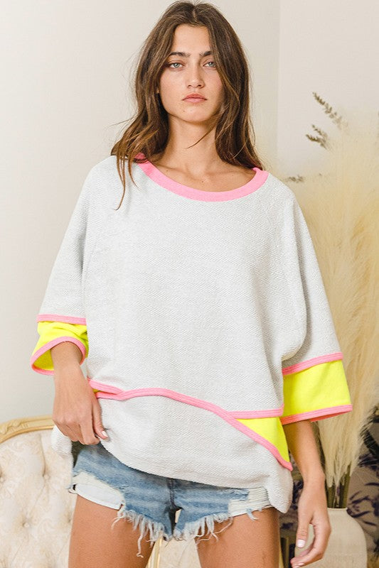 French Terry Color Block Boxy Top Grey