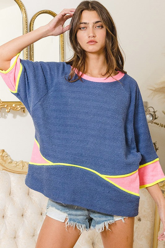 French Terry Color Block Boxy Top Denim