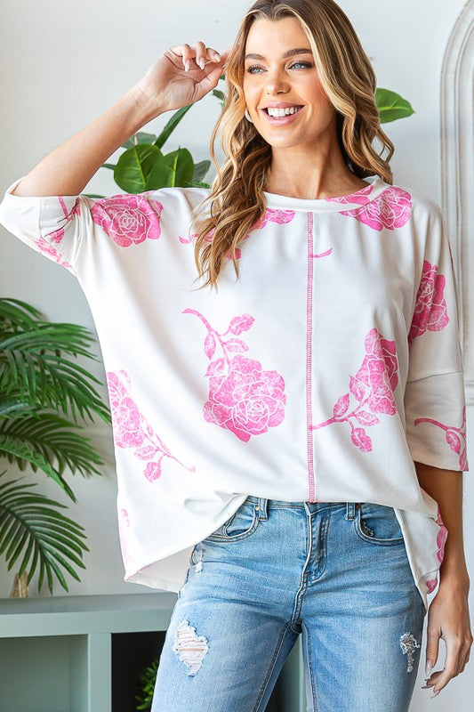Vintage Rose Print Top Pink