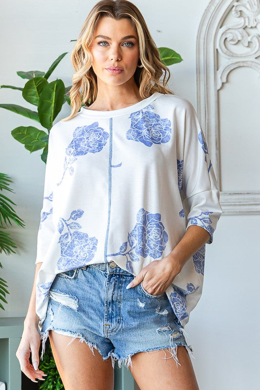 Vintage Rose Print Top Blue