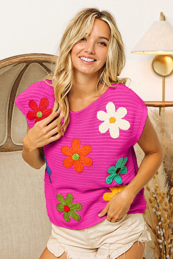 Crochet Flower Embroidery Knit Top Fuchsia Multi