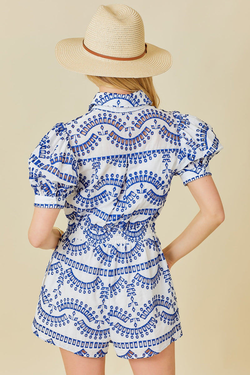 Eyelet Lace Puff Sleeve Romper Blue/White