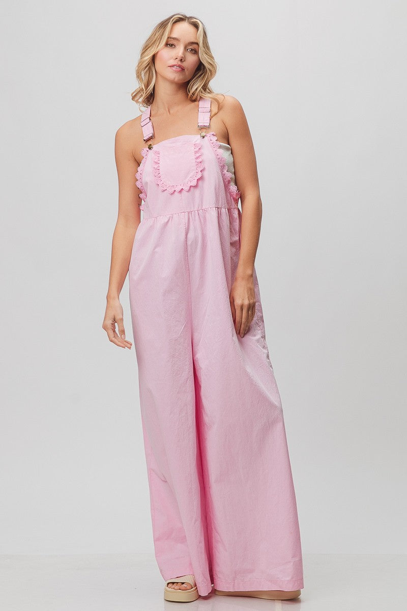 Lace Edge Detail Wide Leg Overalls Pink