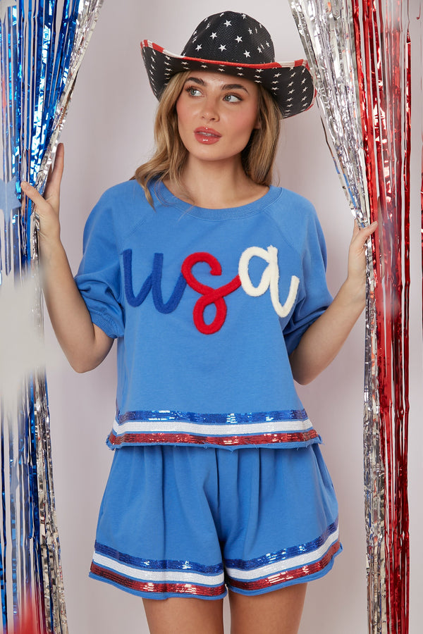 'USA' Embroidery Puff Sleeve Crop Top Blue