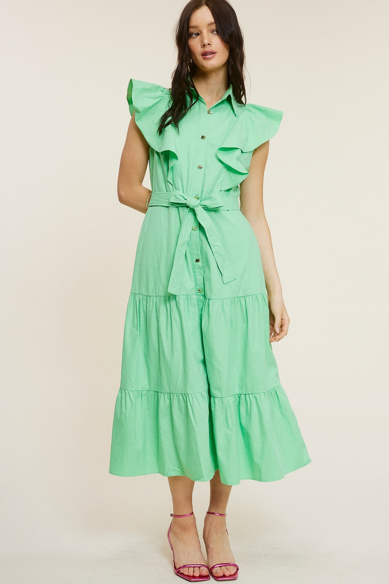 Shoulder Ruffle Button-Down Midi Dress Emerald - Southern Fashion Boutique Bliss Shoulder Ruffle Button-Down Midi Dress Emerald - Southern Fashion Boutique Bliss