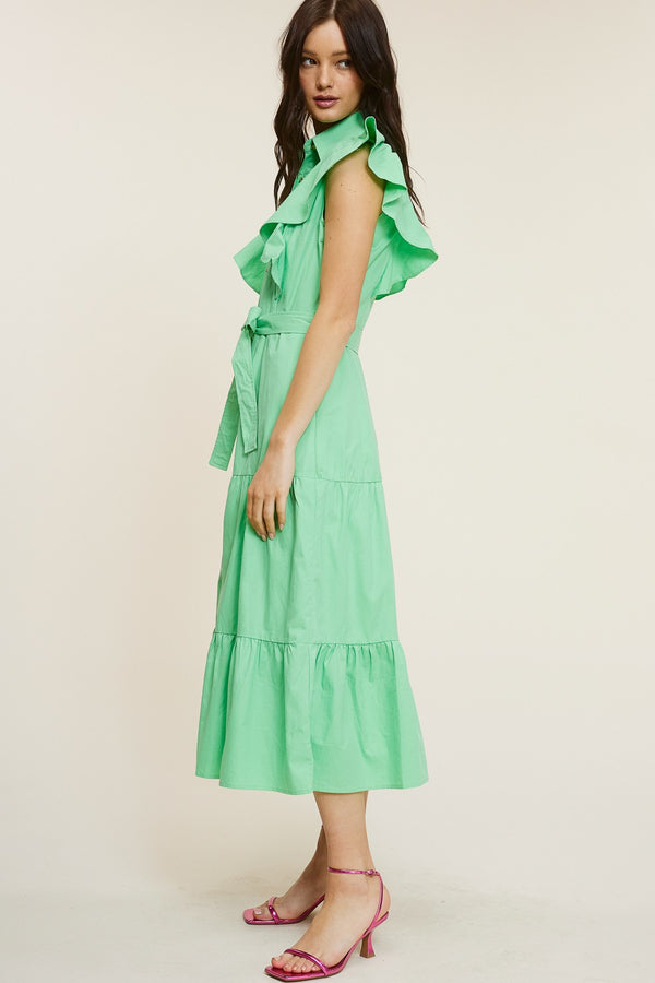 Shoulder Ruffle Button-Down Midi Dress Emerald