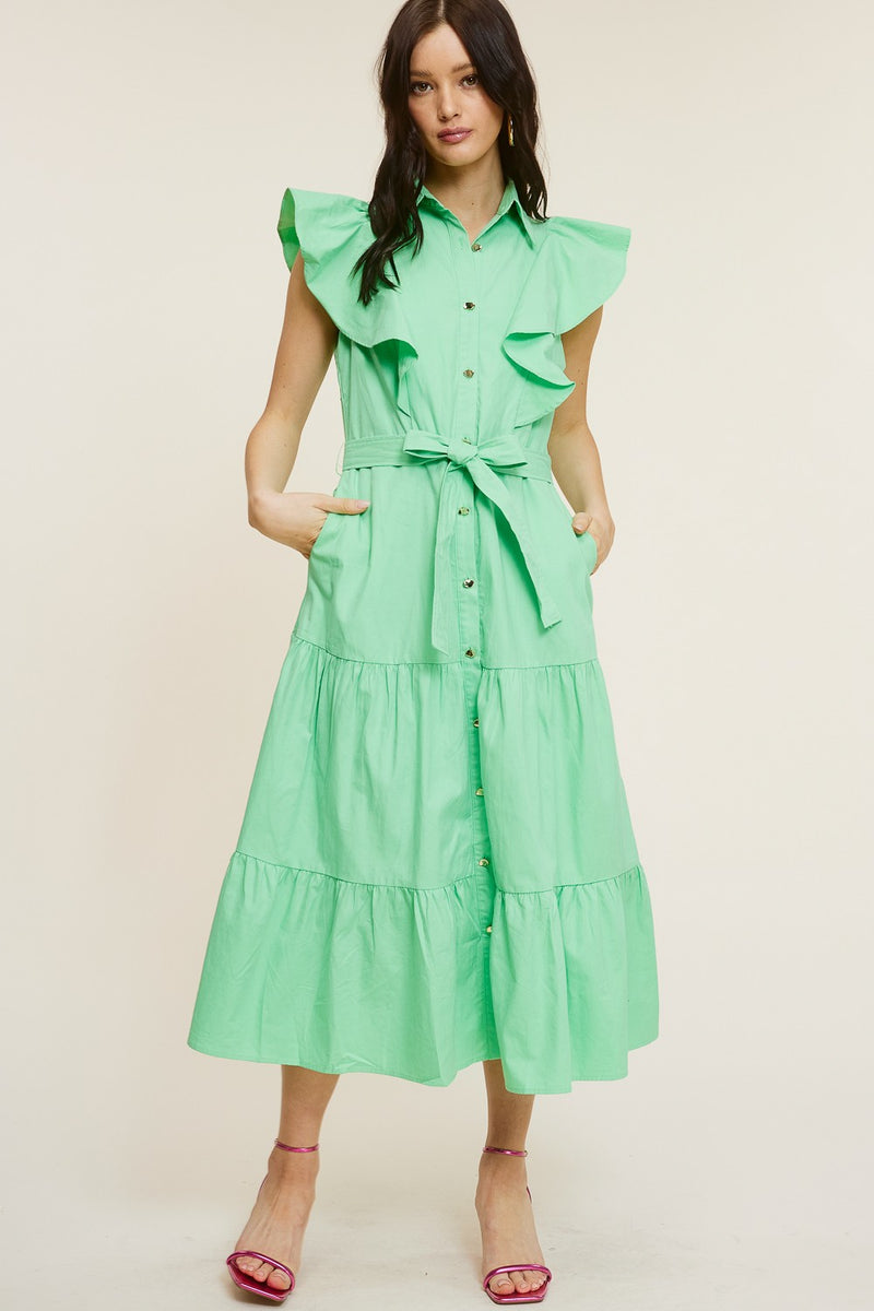 Shoulder Ruffle Button-Down Midi Dress Emerald