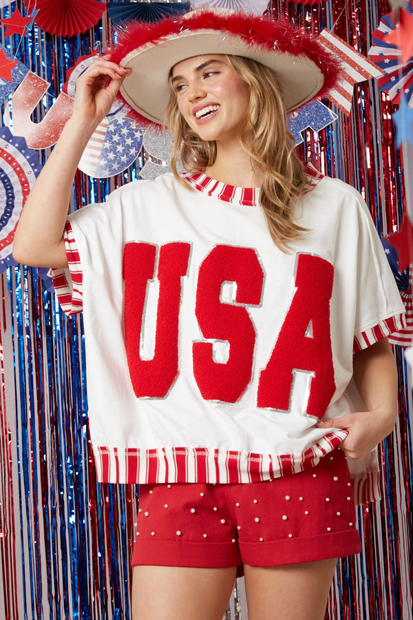 USA Lettering Short Sleeve Top White/Red