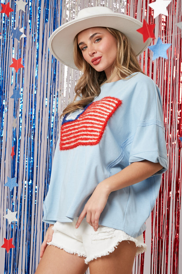 American Flag Embroidery Oversized Tee Baby Blue