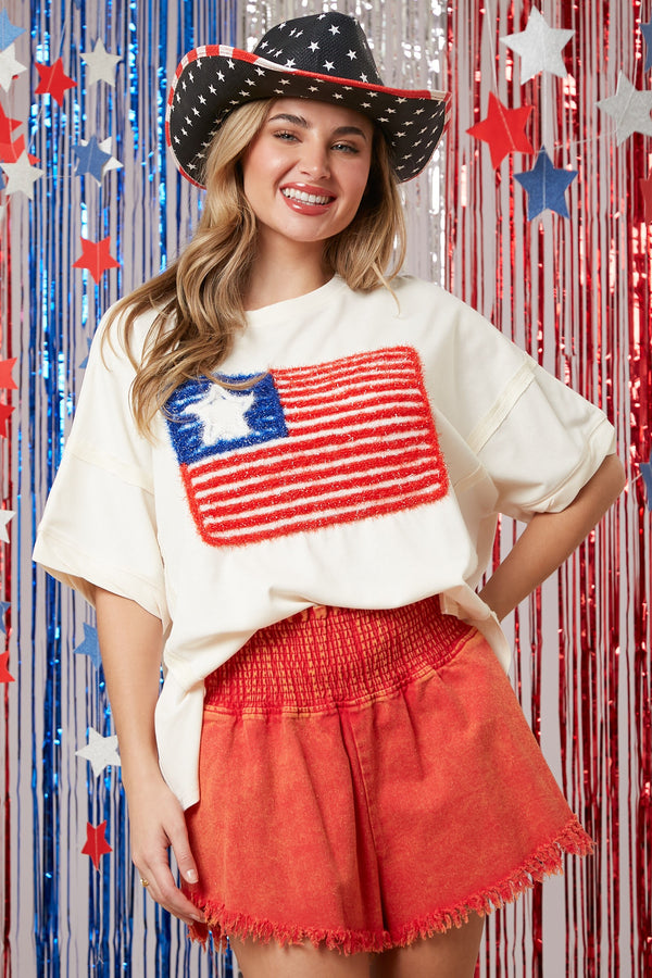 American Flag Embroidery Oversized Tee Cream