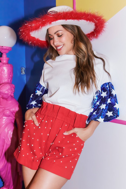 Star Sequin Bubble Sleeve Top Blue