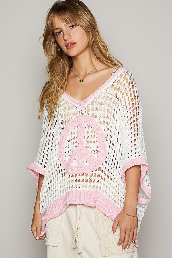 Oversize Peace Sign Sweater Top White/Pink