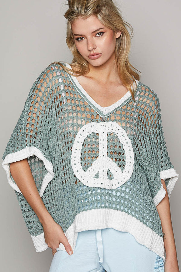 Oversize Peace Sign Sweater Top Sage/Ivory