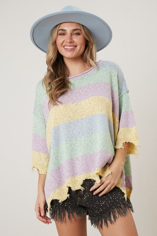 Striped Short Sleeve Sweater Multi Pastel