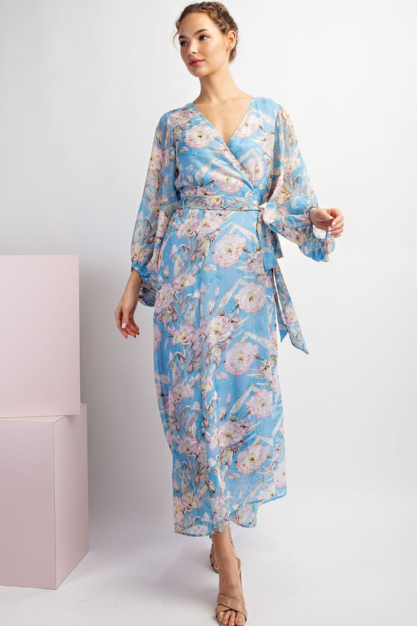 Floral Printed Long Sleeve Wrap Dress Blue