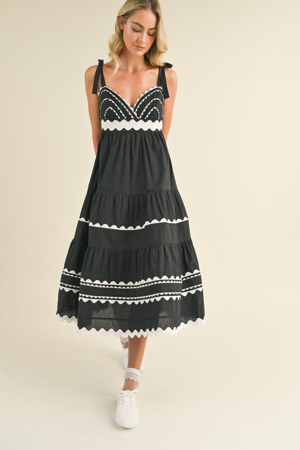 Tiered Trim Midi Dress Black