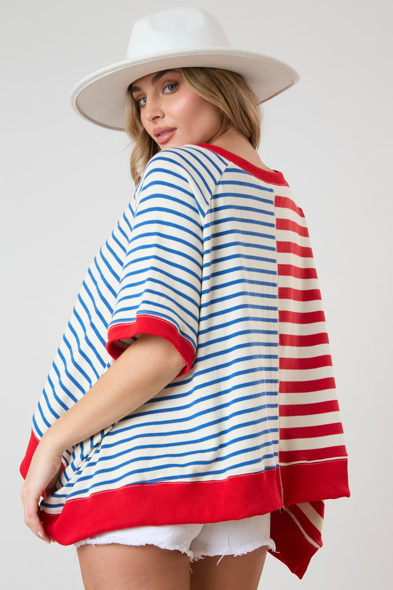 Multi Stripe Short Sleeve Sweatshirt Red/Blue