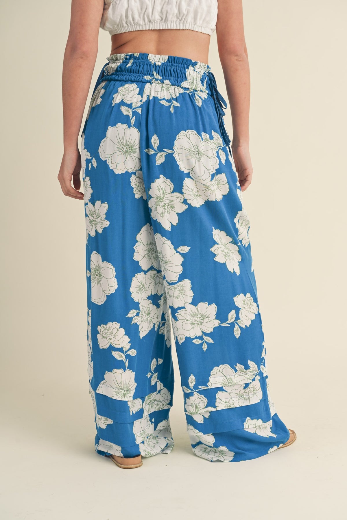 Wide Leg Floral Print Pants Royal Blue Ivory - Southern Fashion