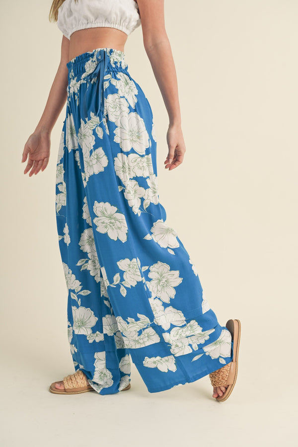 Wide Leg Floral Print Pants Royal Blue Ivory
