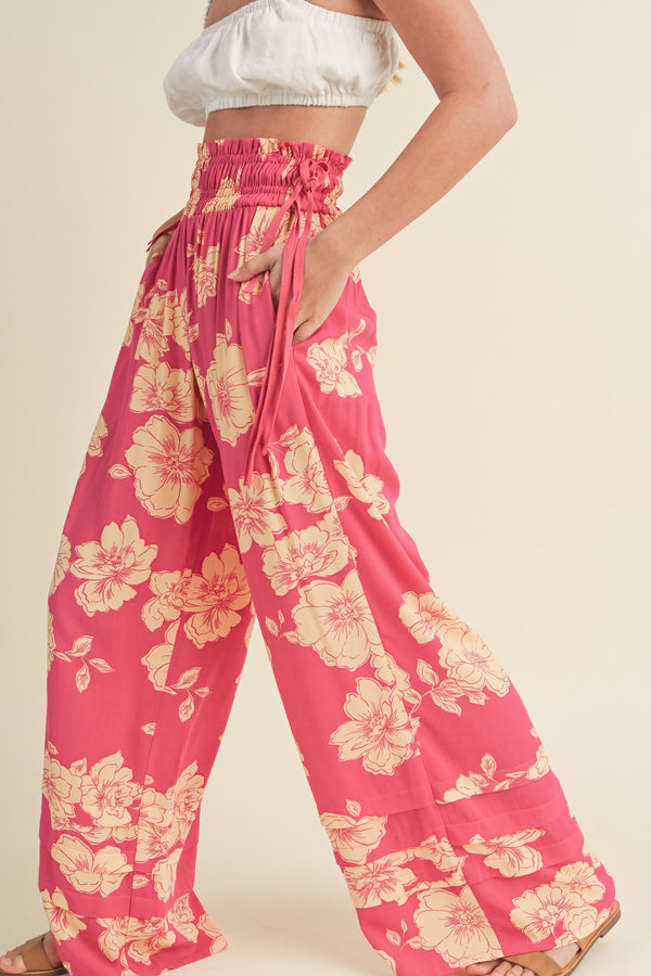 Wide Leg Floral Print Pants Magenta Peach