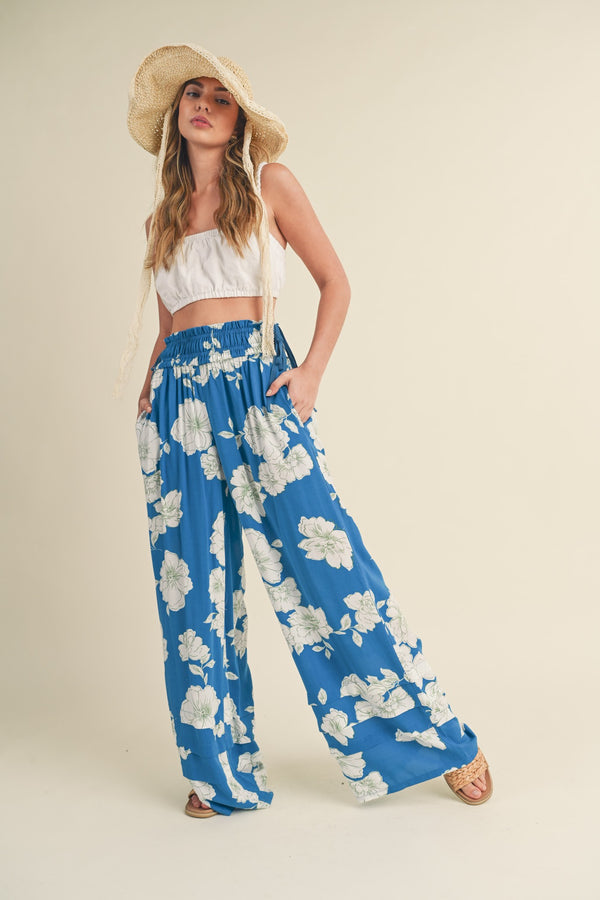 Wide Leg Floral Print Pants Royal Blue Ivory
