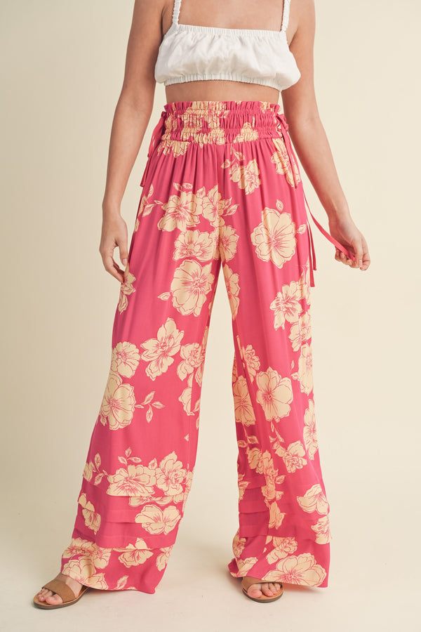 Wide Leg Floral Print Pants Magenta Peach