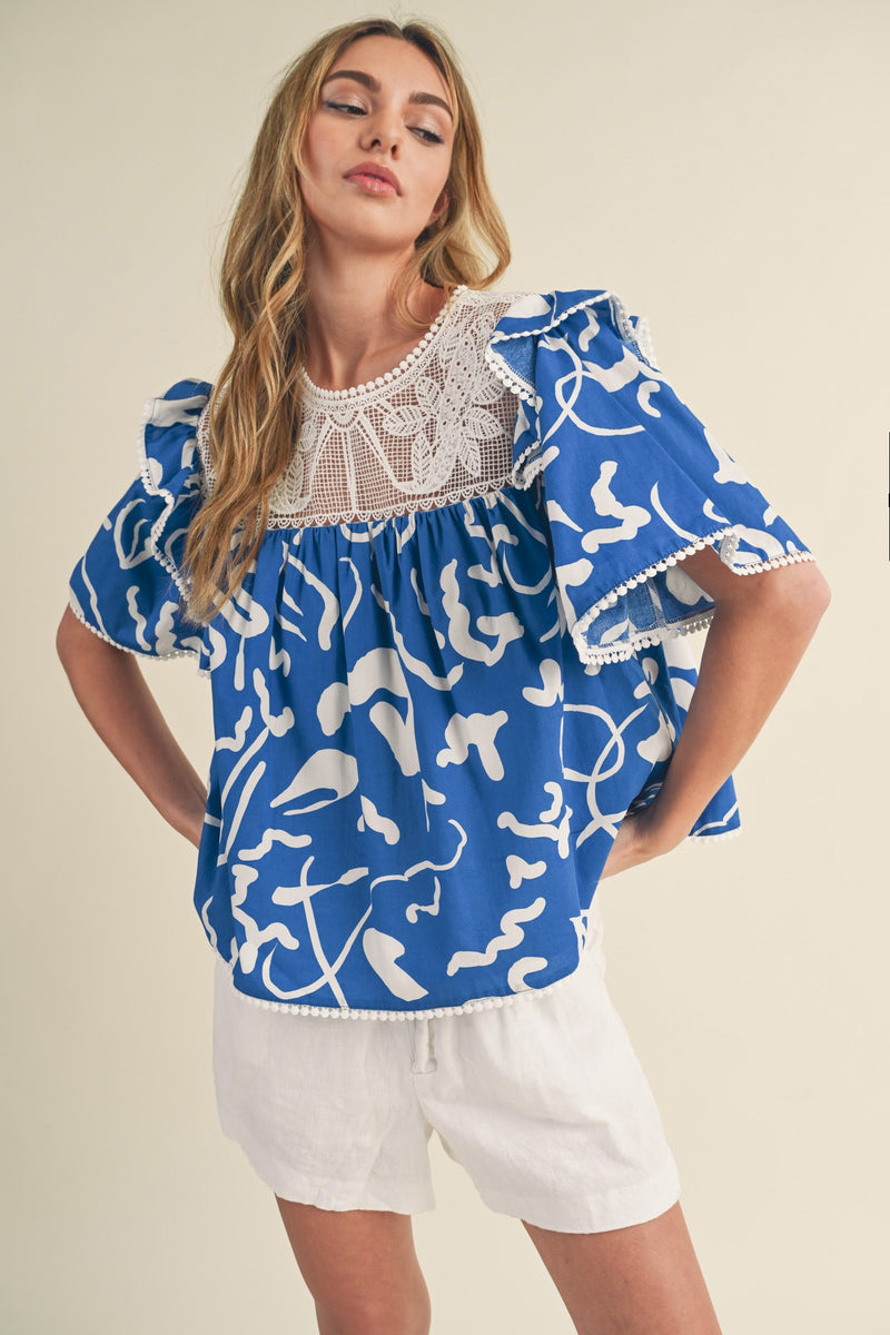 Lace Trim Babydoll Top Royal Blue/White