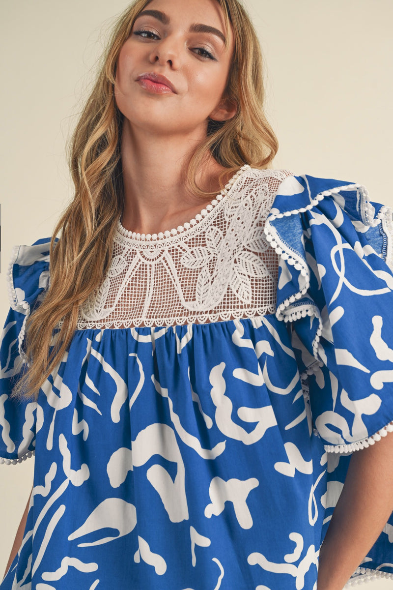 Lace Trim Babydoll Top Royal Blue/White