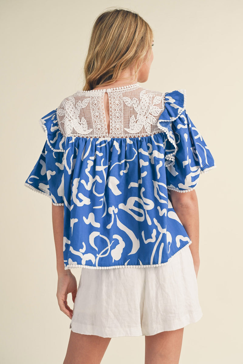 Lace Trim Babydoll Top Royal Blue/White