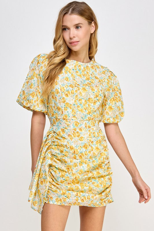 Floral Voile Mini Dress Yellow
