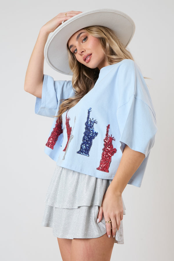 Sequin 'Statue of Liberty' Embroidery Tee Baby Blue