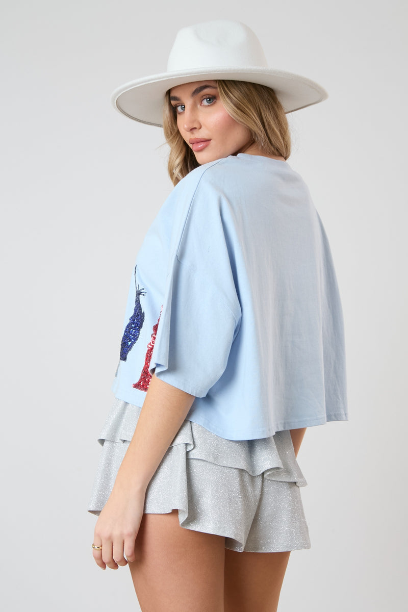 Sequin 'Statue of Liberty' Embroidery Tee Baby Blue