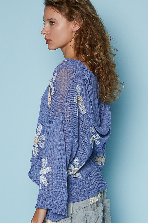 V-Neck Floral Print Hoodie Sweater Evening Blue