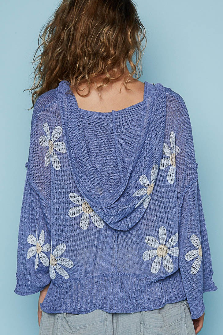 V-Neck Floral Print Hoodie Sweater Evening Blue