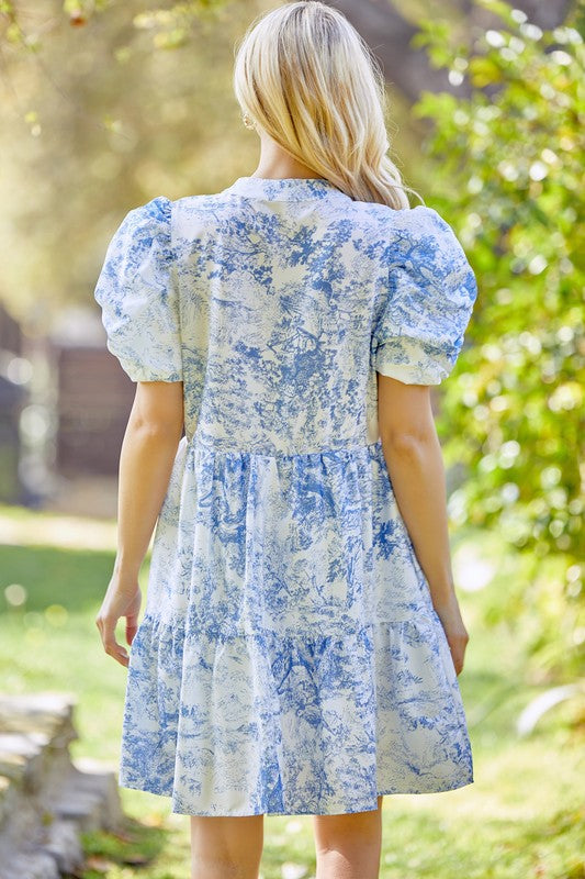 Patterned Babydoll Dress Blue