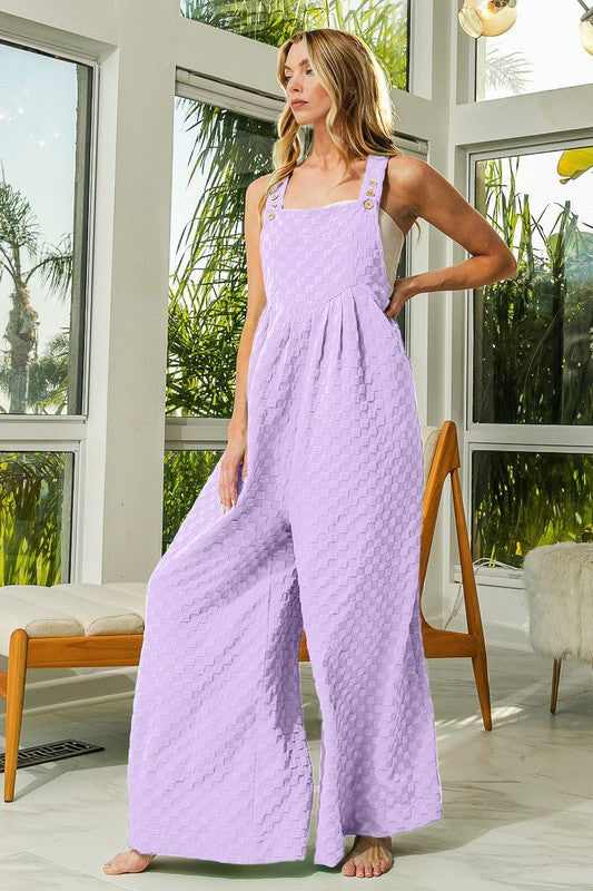 Checker Textured Wide Legs Overalls Periwinkle