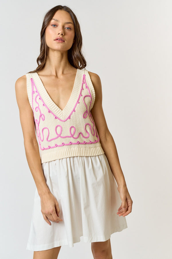 Sweater Mix Embroidery Babydoll Dress Cream/Pink