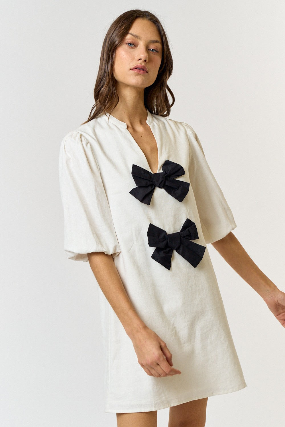 Linen Front Bow Detail Mini Dress Ivory/Black - Southern Fashion Boutique  Bliss