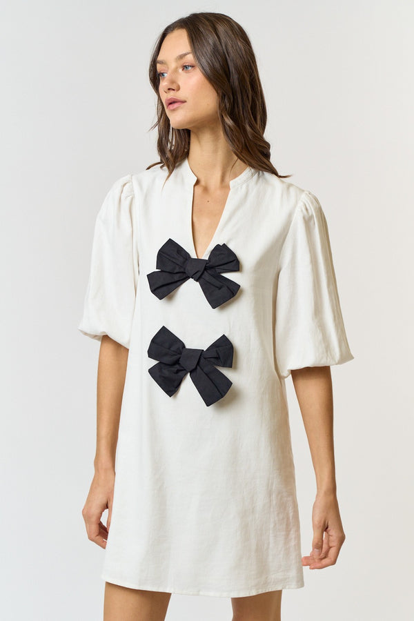 Linen Front Bow Detail Mini Dress Ivory/Black