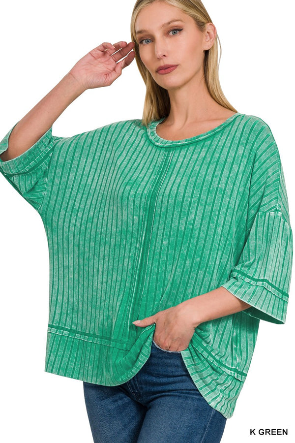 Ribbed Drop Shoulder Half Sleeve Top K Green