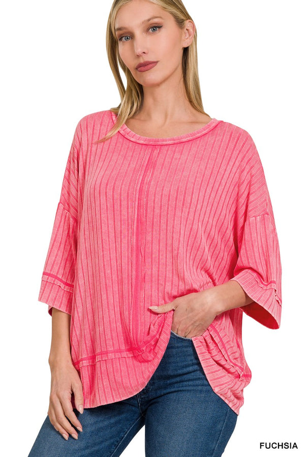 Ribbed Drop Shoulder Half Sleeve Top Fuchsia