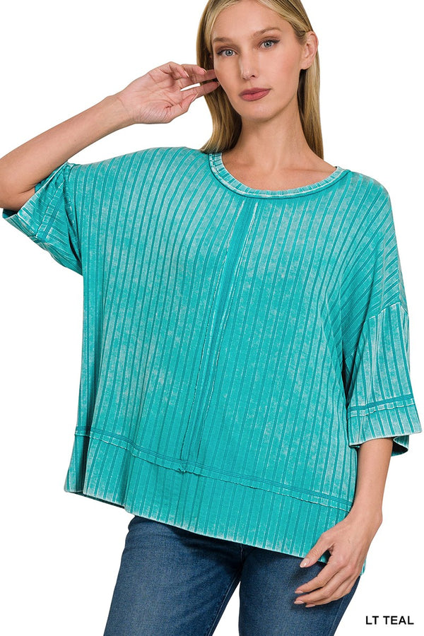 Ribbed Drop Shoulder Half Sleeve Top Light Teal